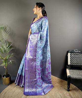 Sky blue floral, zari woven kanjivaram tissue silk saree with blouse 3