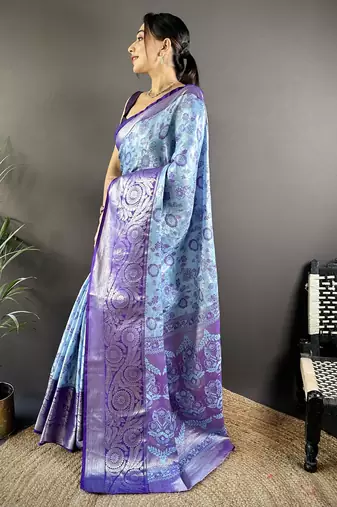 Sky blue floral, zari woven kanjivaram tissue silk saree with blouse