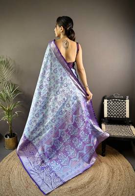 Sky blue floral, zari woven kanjivaram tissue silk saree with blouse 4