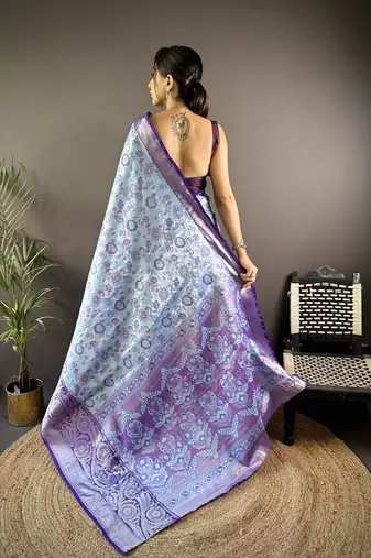Sky blue floral, zari woven kanjivaram tissue silk saree with blouse