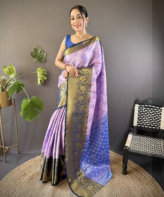 Lavender, navy blue floral, zari woven kanjivaram tissue silk saree with blouse 1