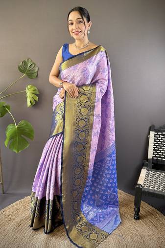 Lavender, navy blue floral, zari woven kanjivaram tissue silk saree with blouse