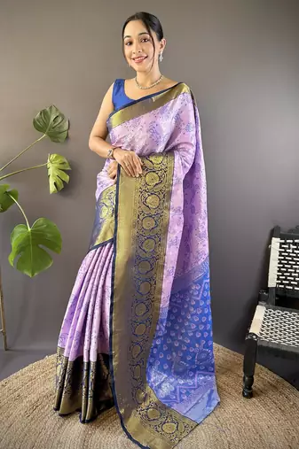 Lavender, navy blue floral, zari woven kanjivaram tissue silk saree with blouse