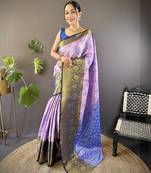 Lavender, navy blue floral, zari woven kanjivaram tissue silk saree with blouse
