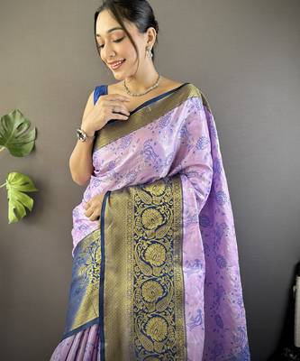 Lavender, navy blue floral, zari woven kanjivaram tissue silk saree with blouse 2