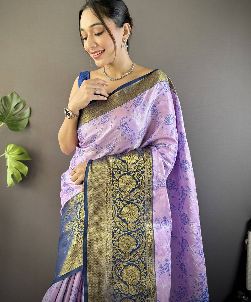 Lavender, navy blue floral, zari woven kanjivaram tissue silk saree with blouse