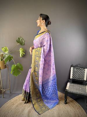 Lavender, navy blue floral, zari woven kanjivaram tissue silk saree with blouse 3