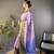 Lavender, navy blue floral, zari woven kanjivaram tissue silk saree with blouse