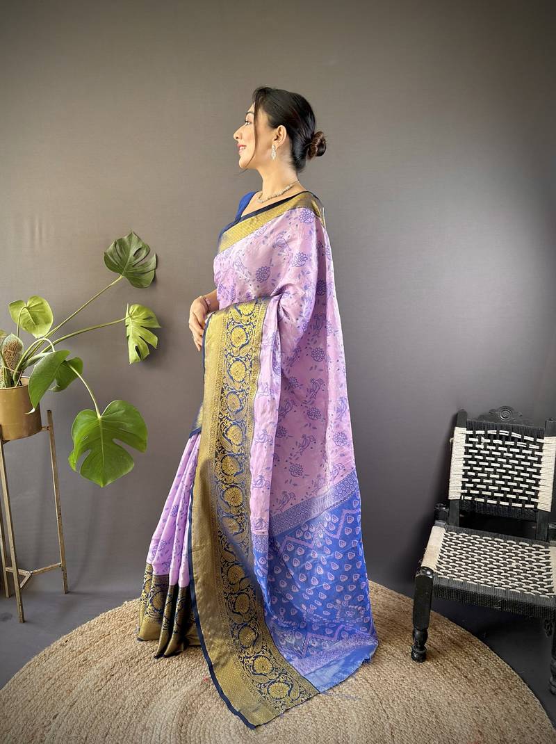 Lavender, navy blue floral, zari woven kanjivaram tissue silk saree with blouse