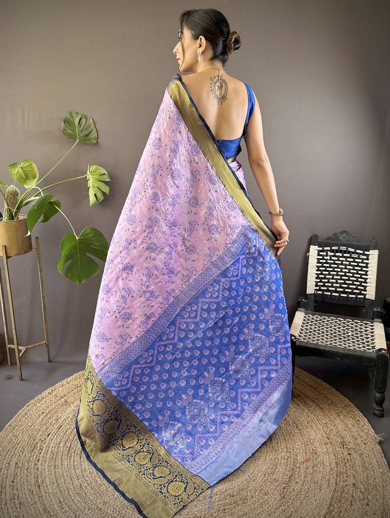Lavender, navy blue floral, zari woven kanjivaram tissue silk saree with blouse