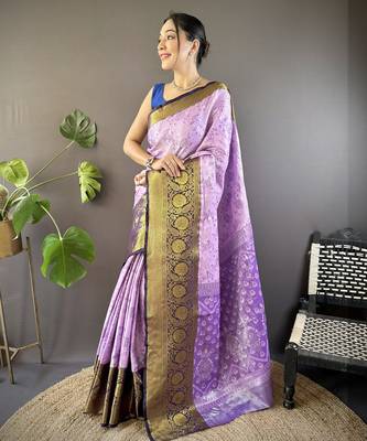 Lavender, purple floral, zari woven kanjivaram tissue silk saree with blouse 1