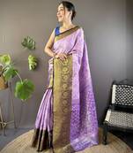 Lavender, purple floral, zari woven kanjivaram tissue silk saree with blouse