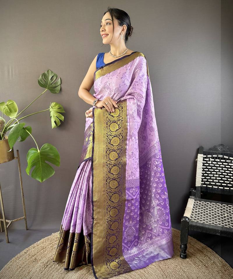 Lavender, purple floral, zari woven kanjivaram tissue silk saree with blouse