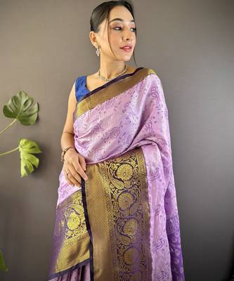 Lavender, purple floral, zari woven kanjivaram tissue silk saree with blouse 2