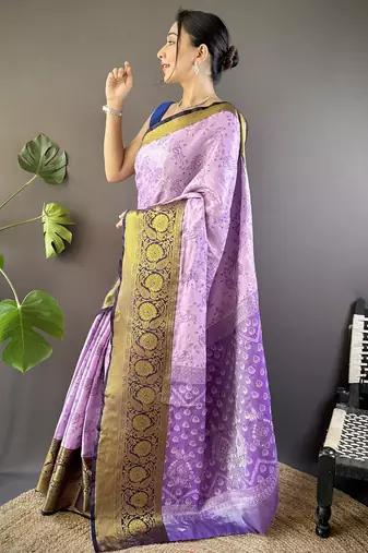Lavender, purple floral, zari woven kanjivaram tissue silk saree with blouse