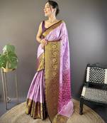 Lavender, wine floral, zari woven kanjivaram tissue silk saree with blouse