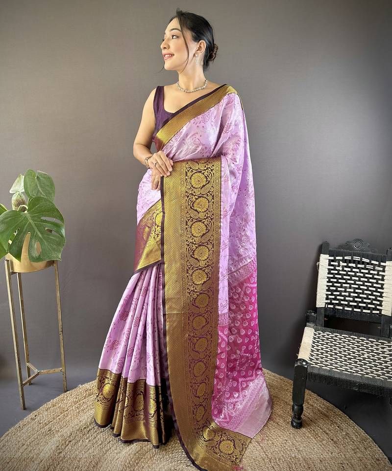 Lavender, wine floral, zari woven kanjivaram tissue silk saree with blouse