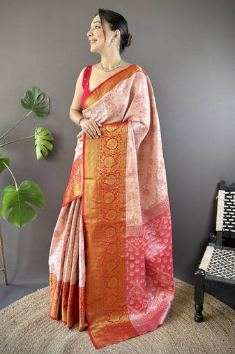 Peach, red floral, zari woven kanjivaram tissue silk saree with blouse