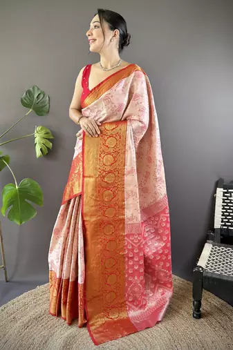 Peach, red floral, zari woven kanjivaram tissue silk saree with blouse