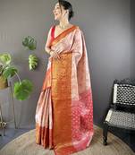 Peach, red floral, zari woven kanjivaram tissue silk saree with blouse