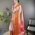 Peach, red floral, zari woven kanjivaram tissue silk saree with blouse