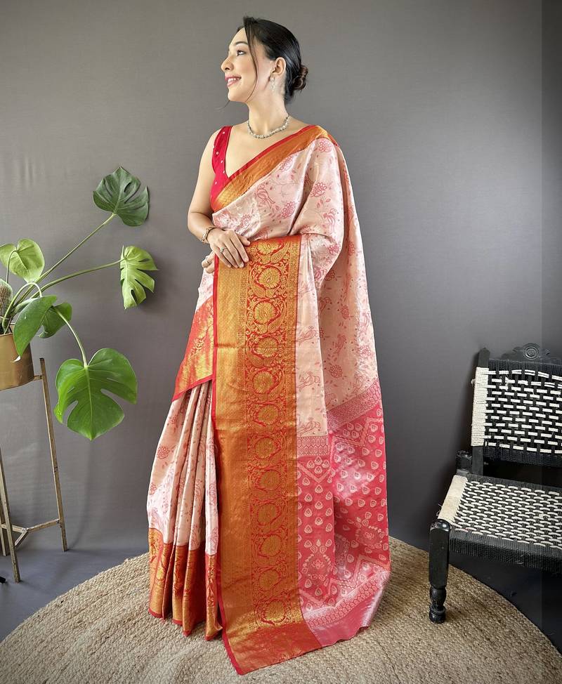 Peach, red floral, zari woven kanjivaram tissue silk saree with blouse
