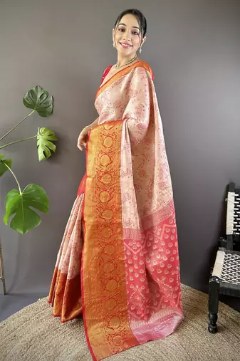 Peach, red floral, zari woven kanjivaram tissue silk saree with blouse