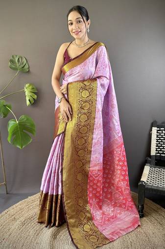 Pink, maroon floral, zari woven kanjivaram tissue silk saree with blouse