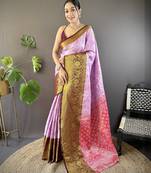 Pink, maroon floral, zari woven kanjivaram tissue silk saree with blouse
