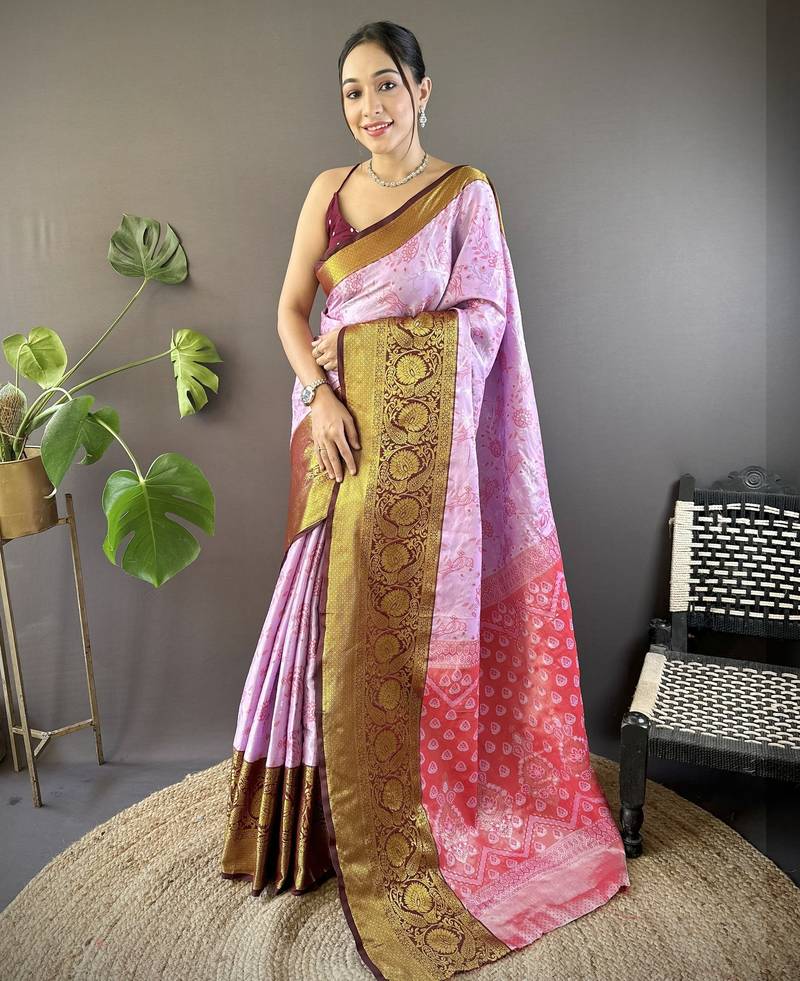 Pink, maroon floral, zari woven kanjivaram tissue silk saree with blouse