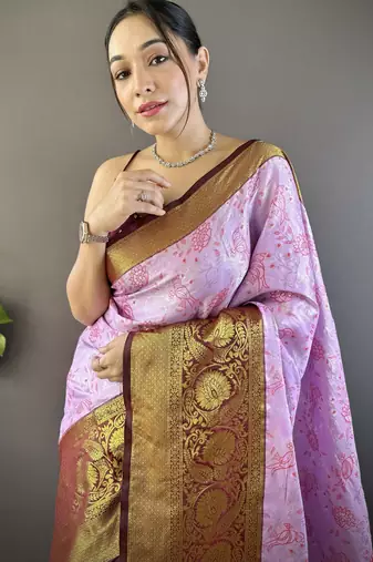 Pink, maroon floral, zari woven kanjivaram tissue silk saree with blouse