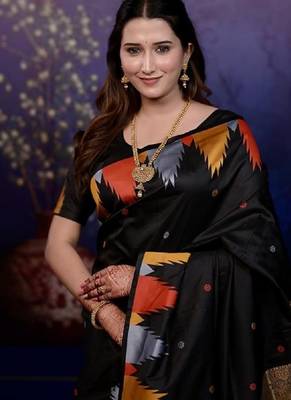 Black temple border, zari work soft silk saree with blouse 3