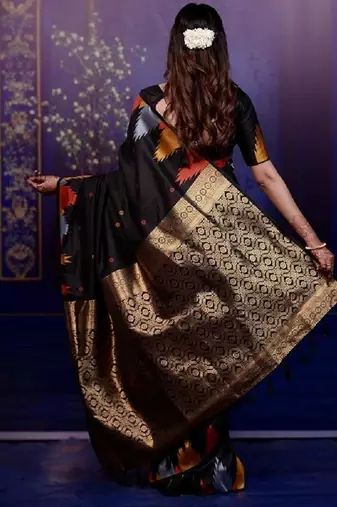 Black temple border, zari work soft silk saree with blouse