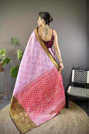 Pink, maroon floral, zari woven kanjivaram tissue silk saree with blouse