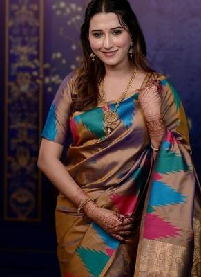 Brown temple border, zari work soft silk saree with blouse 1