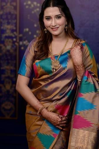 Brown temple border, zari work soft silk saree with blouse