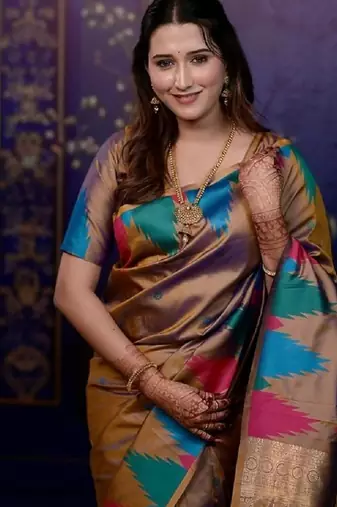 Brown temple border, zari work soft silk saree with blouse