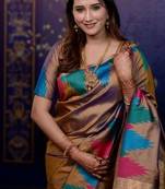 Brown temple border, zari work soft silk saree with blouse