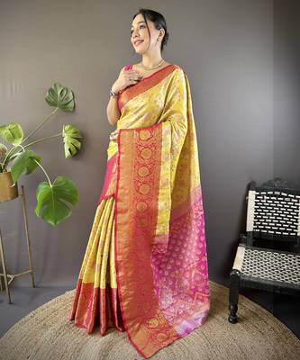 Yellow, pink floral, zari woven kanjivaram tissue silk saree with blouse 1