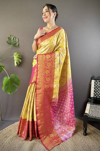 Yellow, pink floral, zari woven kanjivaram tissue silk saree with blouse