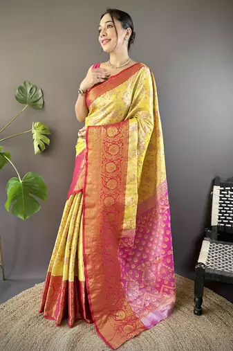 Yellow, pink floral, zari woven kanjivaram tissue silk saree with blouse