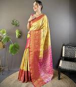 Yellow, pink floral, zari woven kanjivaram tissue silk saree with blouse