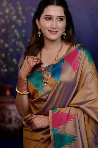 Brown temple border, zari work soft silk saree with blouse