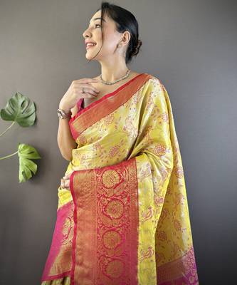 Yellow, pink floral, zari woven kanjivaram tissue silk saree with blouse 2