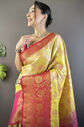 Yellow, pink floral, zari woven kanjivaram tissue silk saree with blouse
