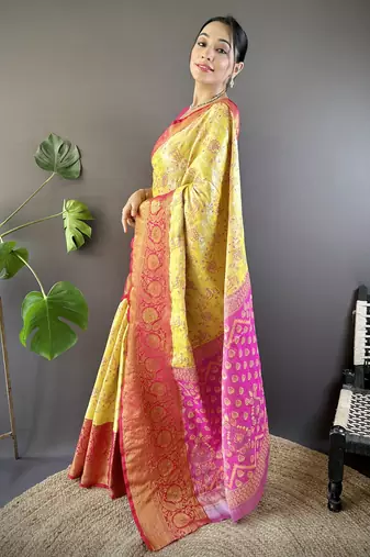 Yellow, pink floral, zari woven kanjivaram tissue silk saree with blouse