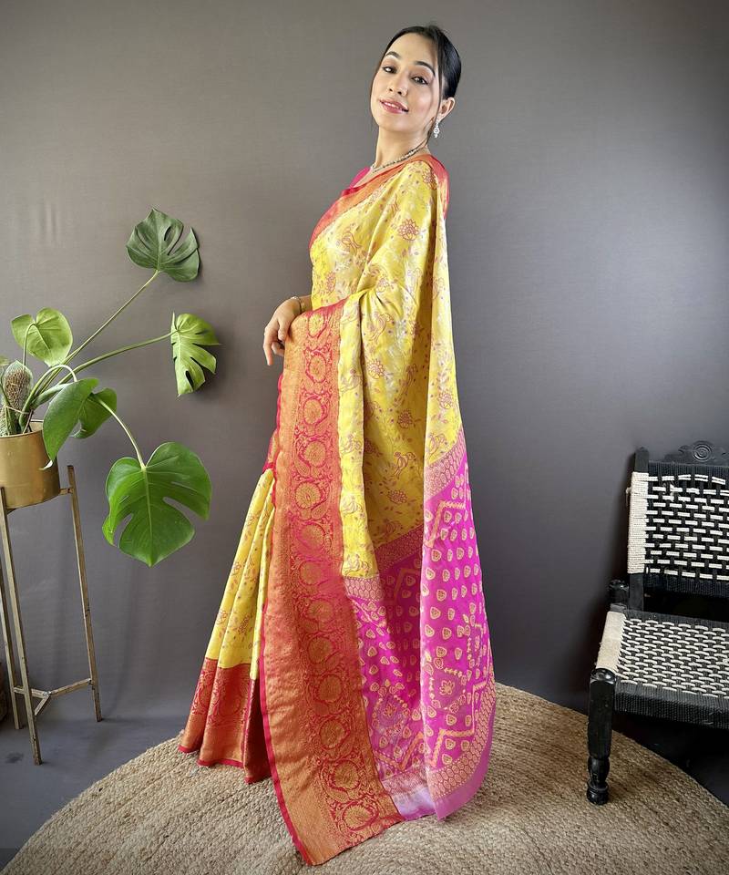 Yellow, pink floral, zari woven kanjivaram tissue silk saree with blouse