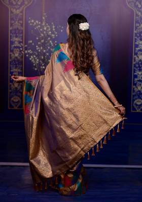 Brown temple border, zari work soft silk saree with blouse 3