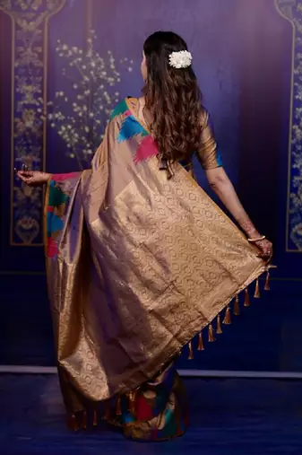 Brown temple border, zari work soft silk saree with blouse