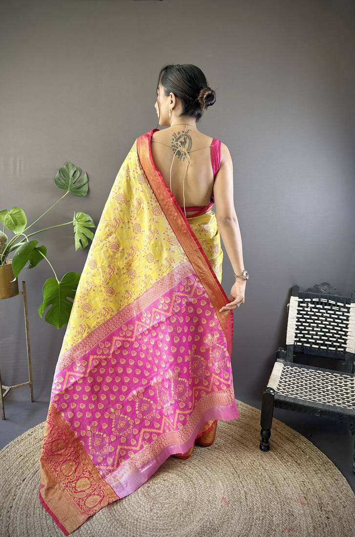 Yellow, pink floral, zari woven kanjivaram tissue silk saree with blouse